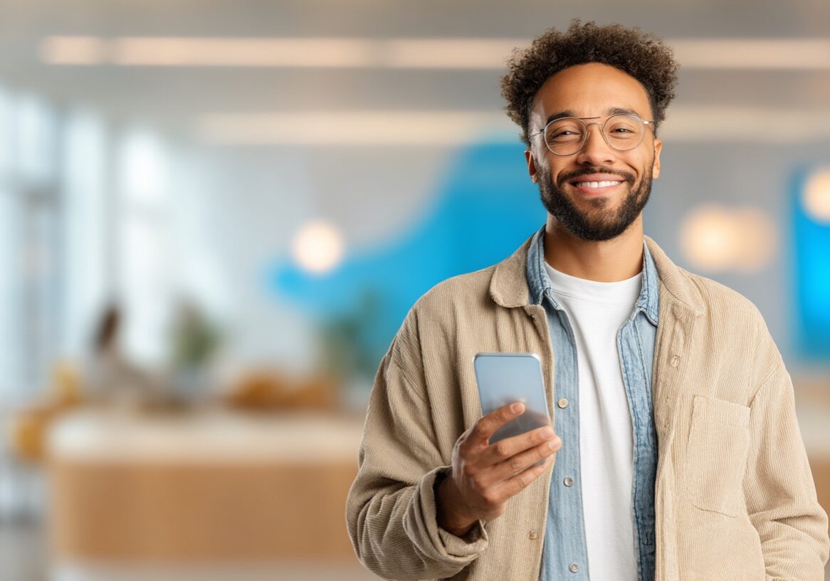 A clean, modern image showing a diverse person (e.g., a young professional, mixed ethnicity, confident expression) happily holding a smartphone or tablet with a successful 'pre-approved' message on the screen. The background is a soft, blurred representation of a vibrant, approachable dealership finance office, featuring contemporary design elements. The overall feel is optimistic, easy, and tech-savvy, emphasizing accessibility for all credit types. Professional lighting, high resolution. --ar 16:9 --raw --v 7 Job ID: cf3251f7-4875-486d-bb1f-325b51d4ca98